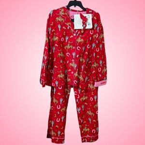 PJ Salvage Flannel Pajama Set Horse Saddle Up Samba Red Top & Pants NWT 🐎